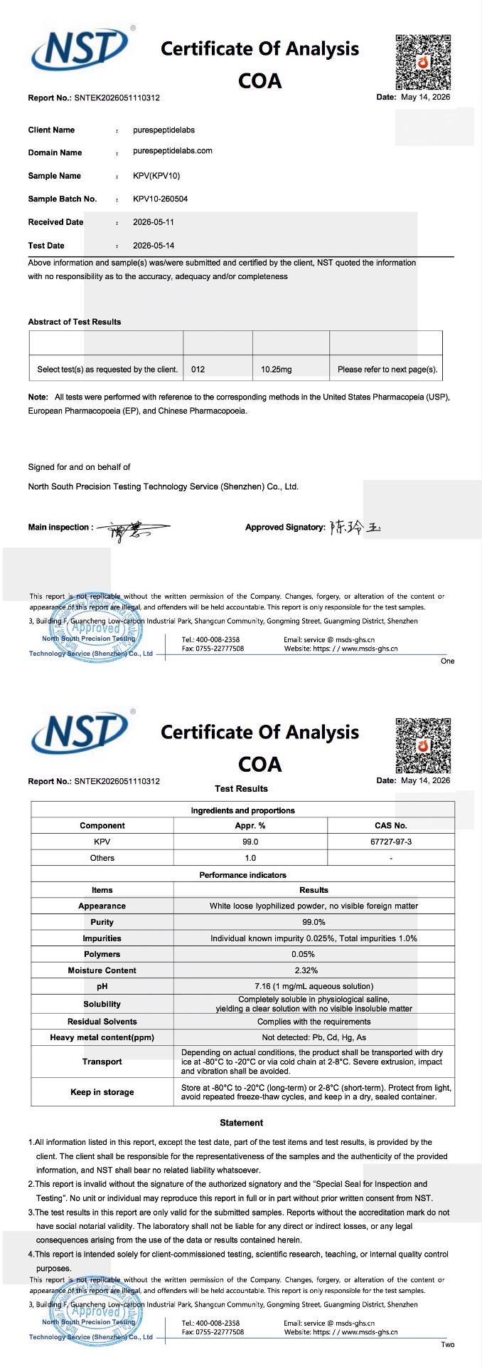 Certificate of Analysis for KPV (KPV10), batch KPV10-260504