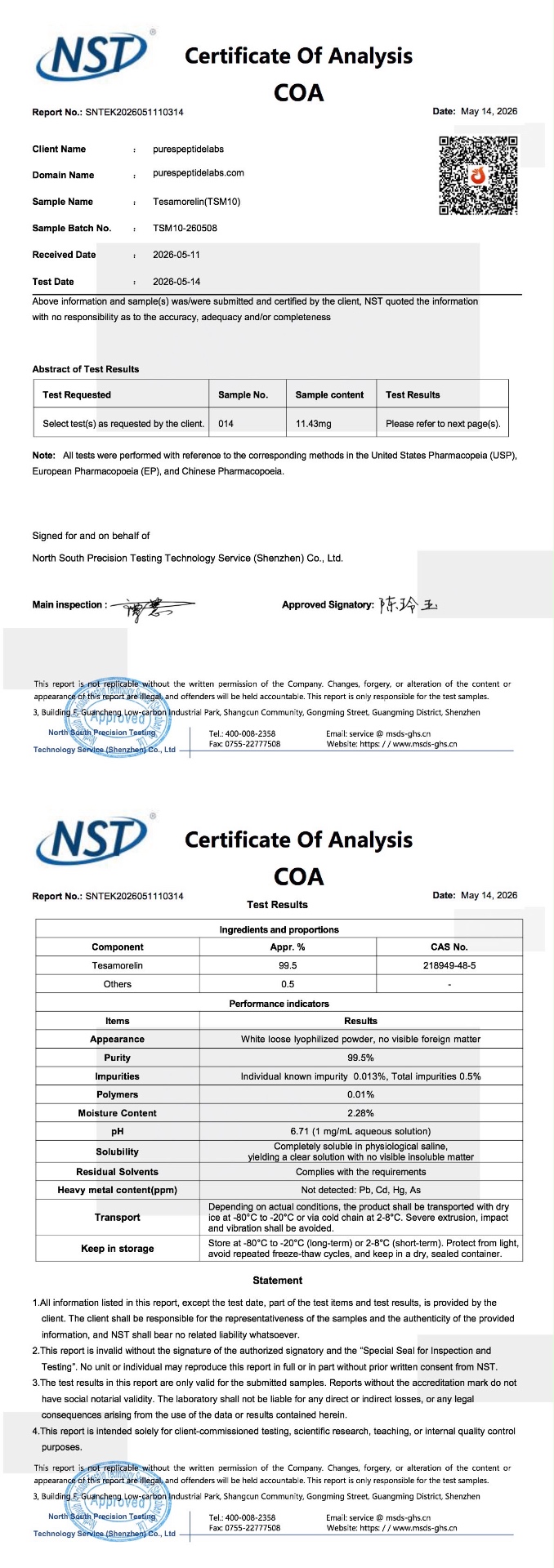 Certificate of Analysis for Tesamorelin (TSM10), batch TSM10-260508