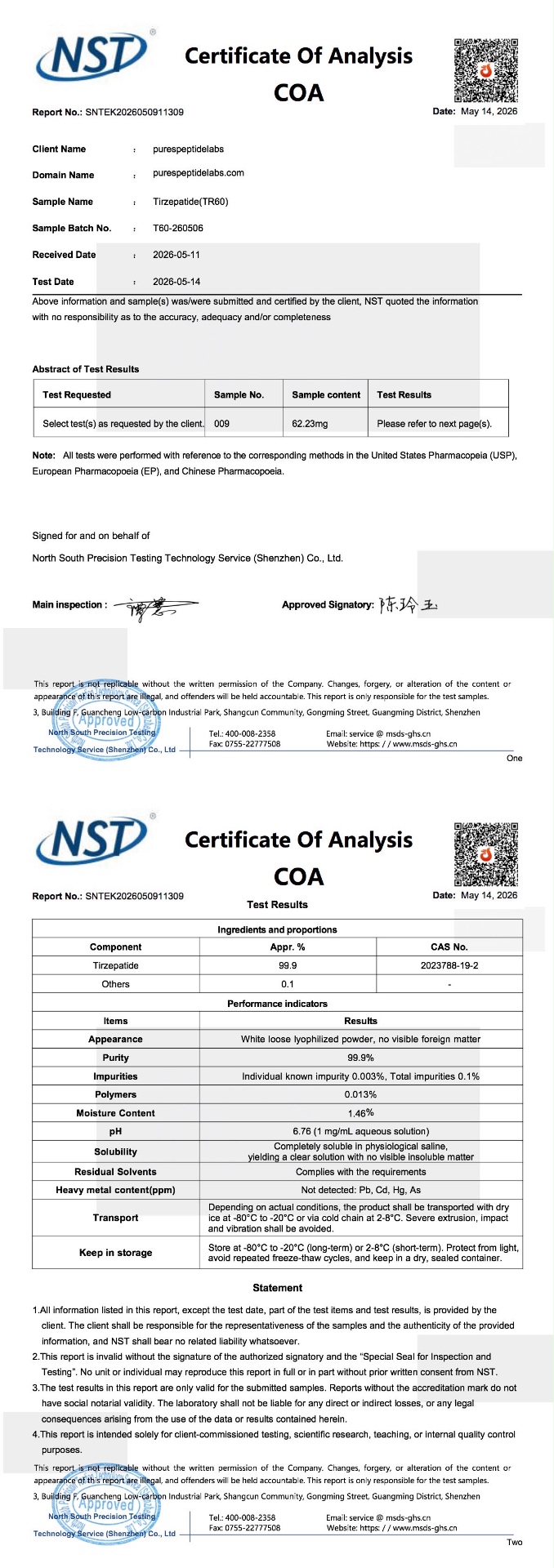 Certificate of Analysis for Tirzepatide (TR60), batch T60-260506